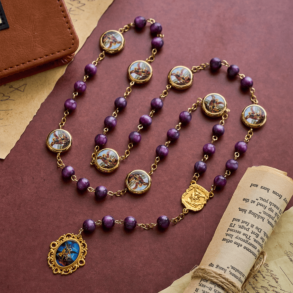 SolaceBeads Shimmering Purple Bead Rosary Chaplet With Archangel Medals &amp; Pendant: Brave Faith - image 2