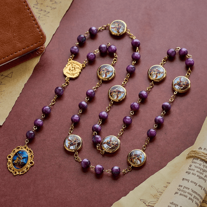 SolaceBeads Shimmering Purple Bead Rosary Chaplet With Archangel Medals &amp; Pendant: Brave Faith - St. Michael - image 0