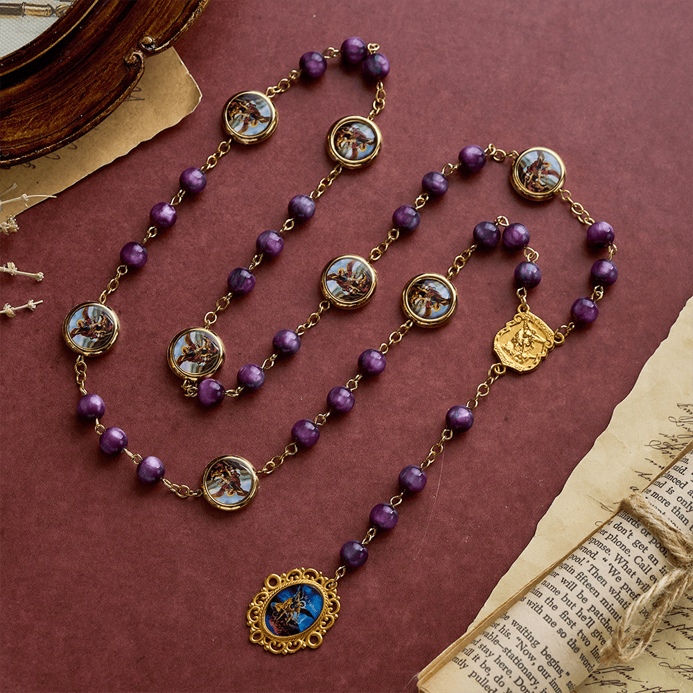 SolaceBeads Shimmering Purple Bead Rosary Chaplet With Archangel Medals &amp; Pendant: Brave Faith - image 3