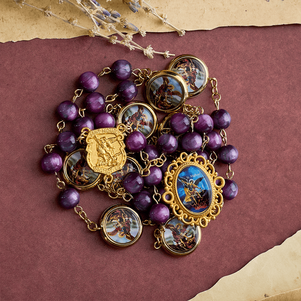 SolaceBeads Shimmering Purple Bead Rosary Chaplet With Archangel Medals &amp; Pendant: Brave Faith - image 7