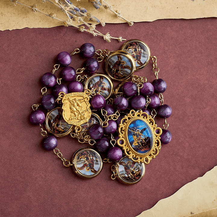 SolaceBeads Shimmering Purple Bead Rosary Chaplet With Archangel Medals &amp; Pendant: Brave Faith - image 7