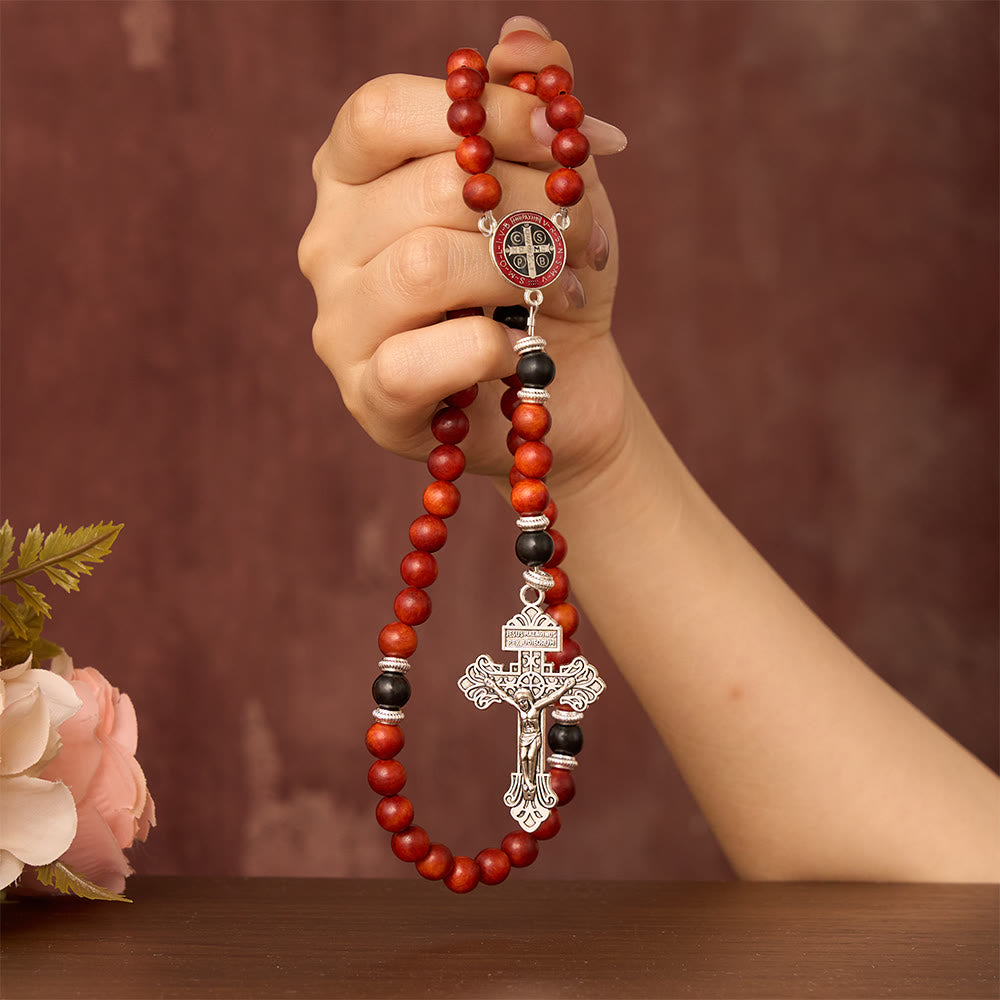 SolaceBeads Red &amp; Black Wood Rosary With St. Benedict Medal &amp; Crucifix: Courageous Devotion - image 1