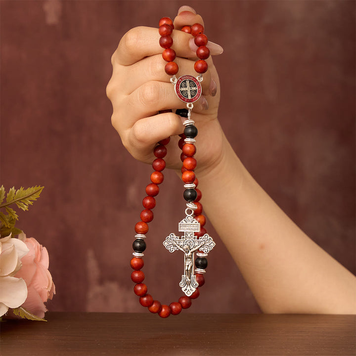 SolaceBeads Red &amp; Black Wood Rosary With St. Benedict Medal &amp; Crucifix: Courageous Devotion - image 1