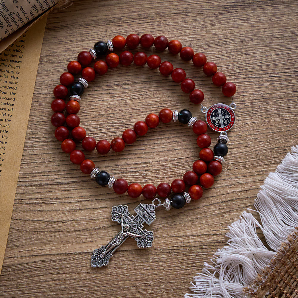 SolaceBeads Red & Black Wood Rosary With St. Benedict Medal & Crucifix: Courageous Devotion - Blood Dragon Wood - image 0