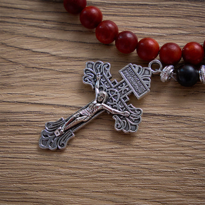 SolaceBeads Red &amp; Black Wood Rosary With St. Benedict Medal &amp; Crucifix: Courageous Devotion - image 6