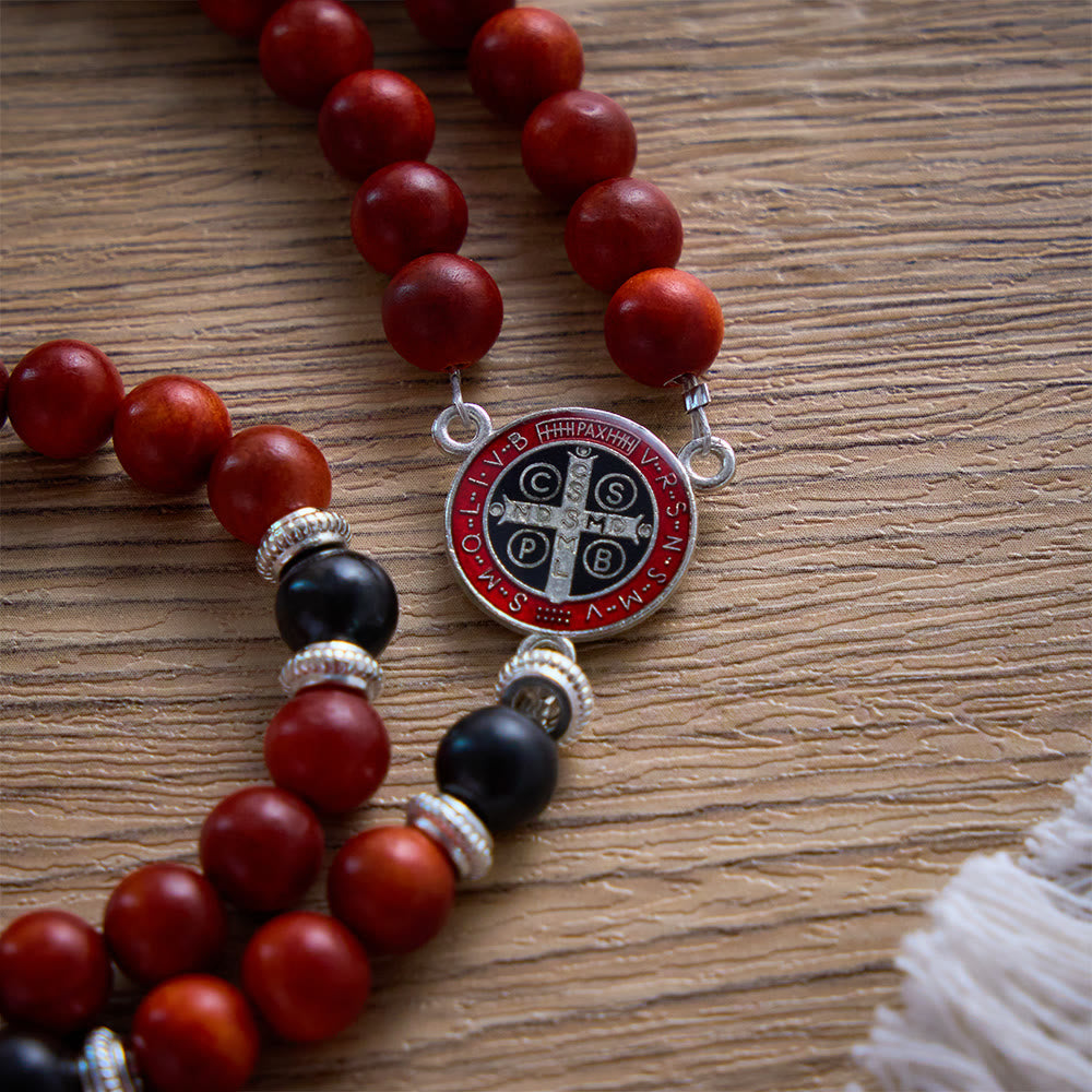 SolaceBeads Red &amp; Black Wood Rosary With St. Benedict Medal &amp; Crucifix: Courageous Devotion - image 5