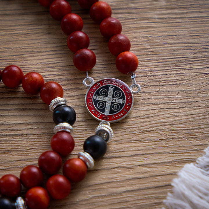 SolaceBeads Red &amp; Black Wood Rosary With St. Benedict Medal &amp; Crucifix: Courageous Devotion - image 5