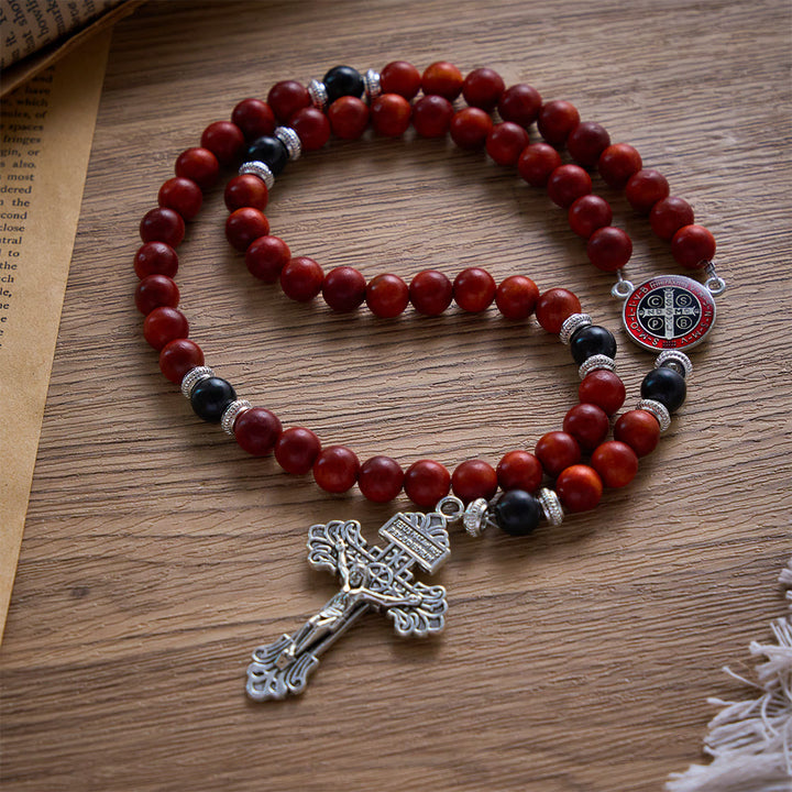 SolaceBeads Red &amp; Black Wood Rosary With St. Benedict Medal &amp; Crucifix: Courageous Devotion - image 3