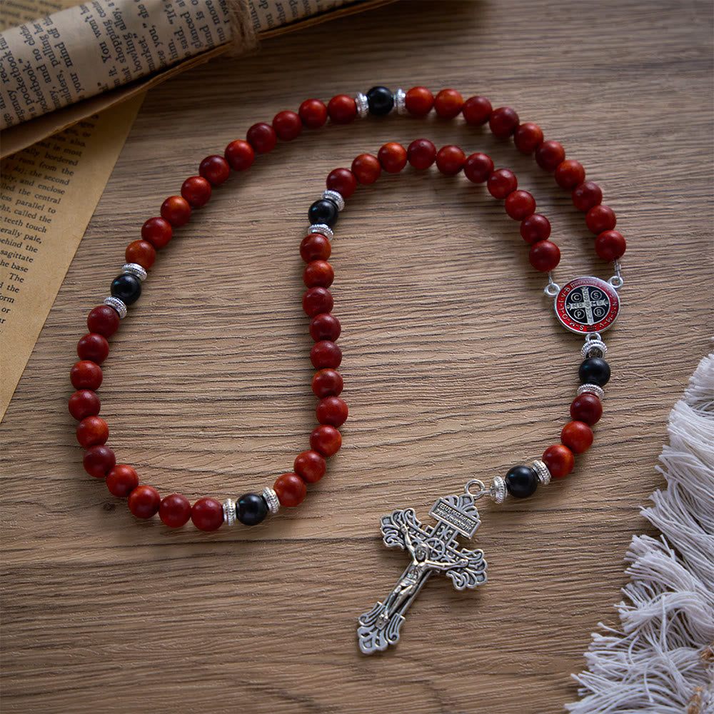 SolaceBeads Red &amp; Black Wood Rosary With St. Benedict Medal &amp; Crucifix: Courageous Devotion - image 2