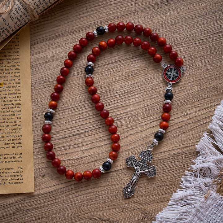 SolaceBeads Red &amp; Black Wood Rosary With St. Benedict Medal &amp; Crucifix: Courageous Devotion - image 7