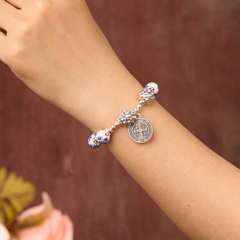 SolaceBeads Floral Ceramic Bracelet With Rhinestone Accents &amp; Benedict Medal: Timeless Devotion - image 1