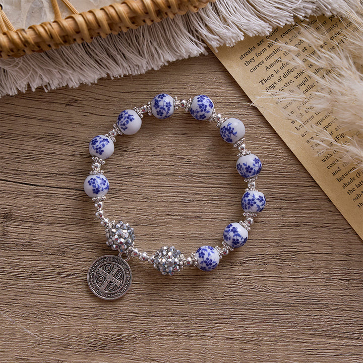 SolaceBeads Floral Ceramic Bracelet With Rhinestone Accents &amp; Benedict Medal: Timeless Devotion - image 2