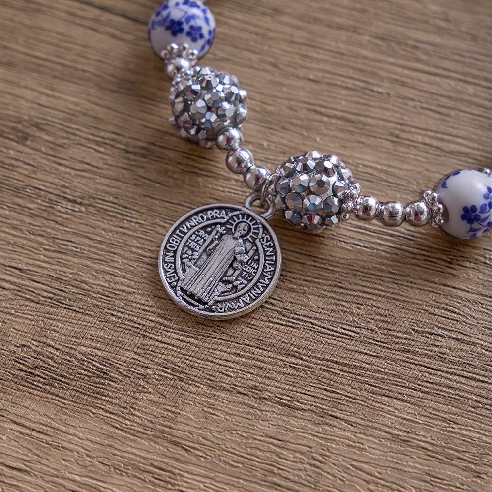 SolaceBeads Floral Ceramic Bracelet With Rhinestone Accents &amp; Benedict Medal: Timeless Devotion - image 6
