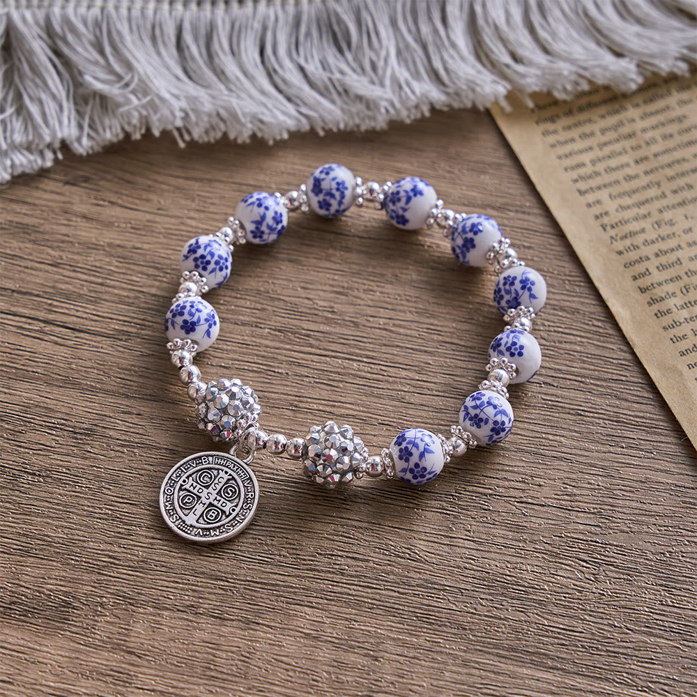 SolaceBeads Floral Ceramic Bracelet With Rhinestone Accents & Benedict Medal: Timeless Devotion - Blue and White Floral - image 0