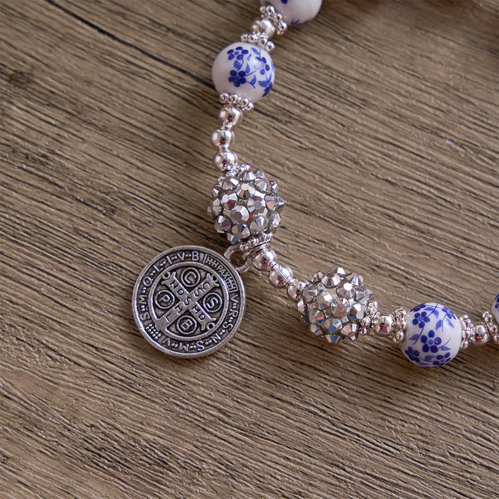 SolaceBeads Floral Ceramic Bracelet With Rhinestone Accents &amp; Benedict Medal: Timeless Devotion - image 5