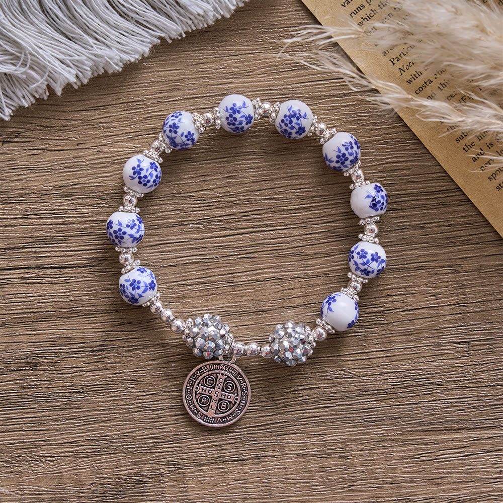 SolaceBeads Floral Ceramic Bracelet With Rhinestone Accents &amp; Benedict Medal: Timeless Devotion - image 7