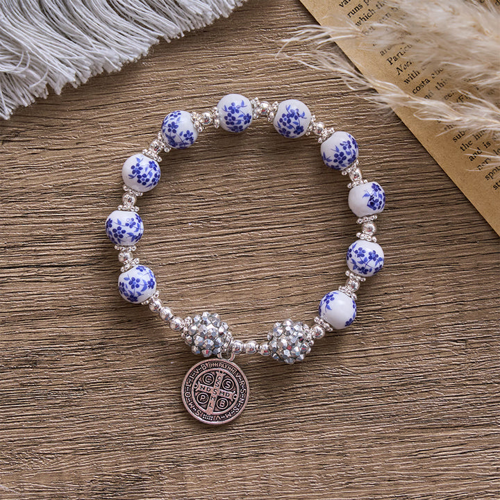 SolaceBeads Floral Ceramic Bracelet With Rhinestone Accents &amp; Benedict Medal: Timeless Devotion - image 7