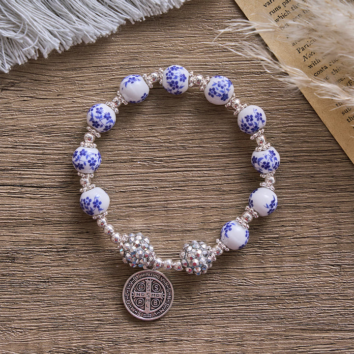 SolaceBeads Floral Ceramic Bracelet With Rhinestone Accents &amp; Benedict Medal: Timeless Devotion - image 3