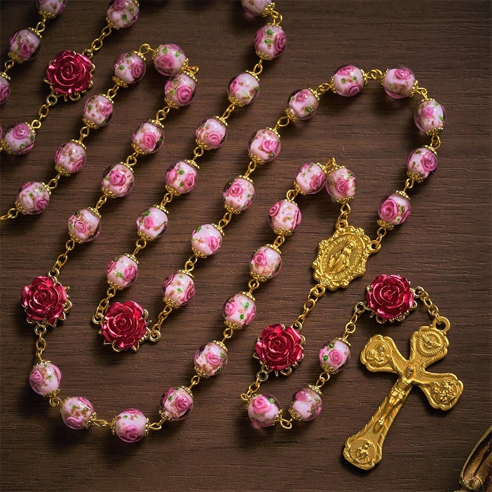 SolaceBeads Handmade Floral Glass Rosary : Lampworkbeads Beads with Rose, Crafted With Devout Spirit - Four-Way Crucifix - image 0