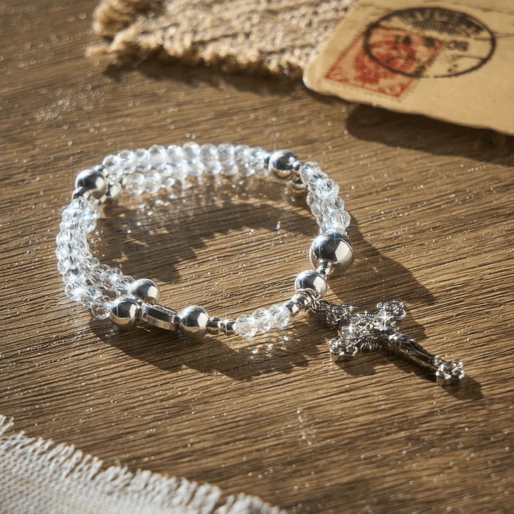 SolaceBeads Clear Crystal Rosary Bracelet With Rhinestone Studded Cross: Sparkling Devotion - Clear Crystal - image 0