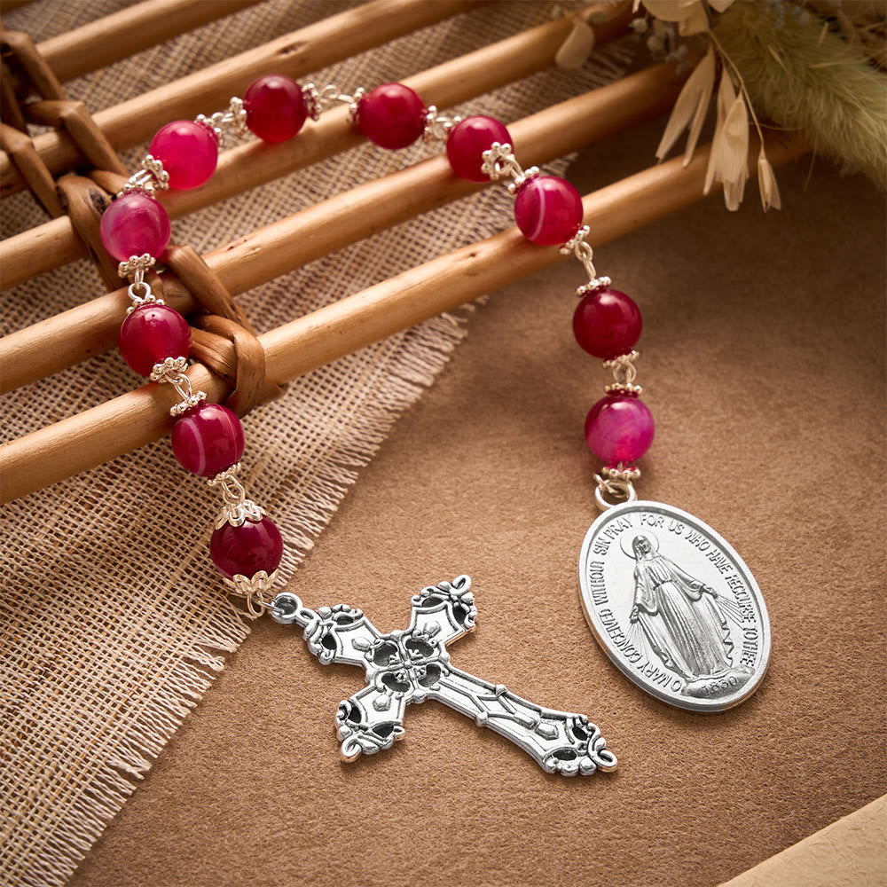 SolaceBeads Pink Agate Pocket Rosary With Miraculous Medal & Cross: Gentle Devotion - Rose Red - image 0