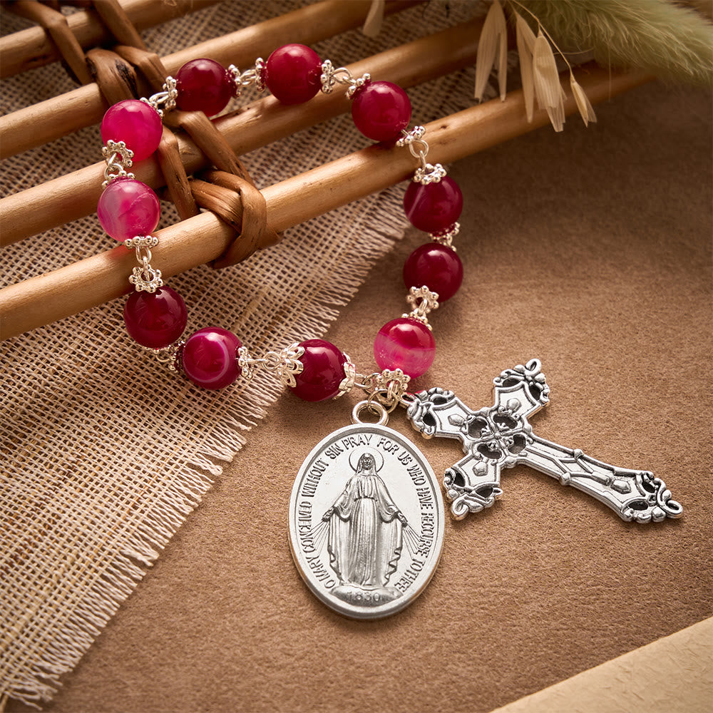 SolaceBeads Pink Agate Pocket Rosary With Miraculous Medal &amp; Cross: Gentle Devotion - image 2