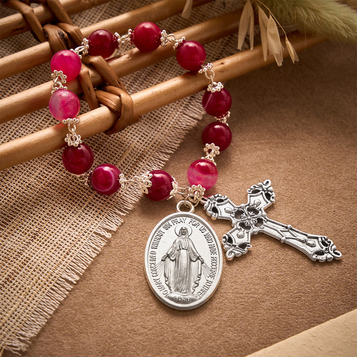 SolaceBeads Pink Agate Pocket Rosary With Miraculous Medal &amp; Cross: Gentle Devotion - image 2