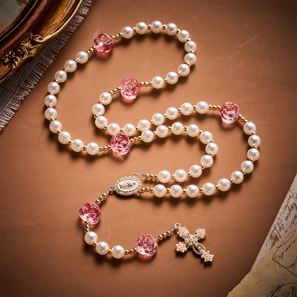 SolaceBeads Blush Rose & Pearl Rosary: For Gentle Devotion with Miraculous Medal & Pearl Cross - White - image 0