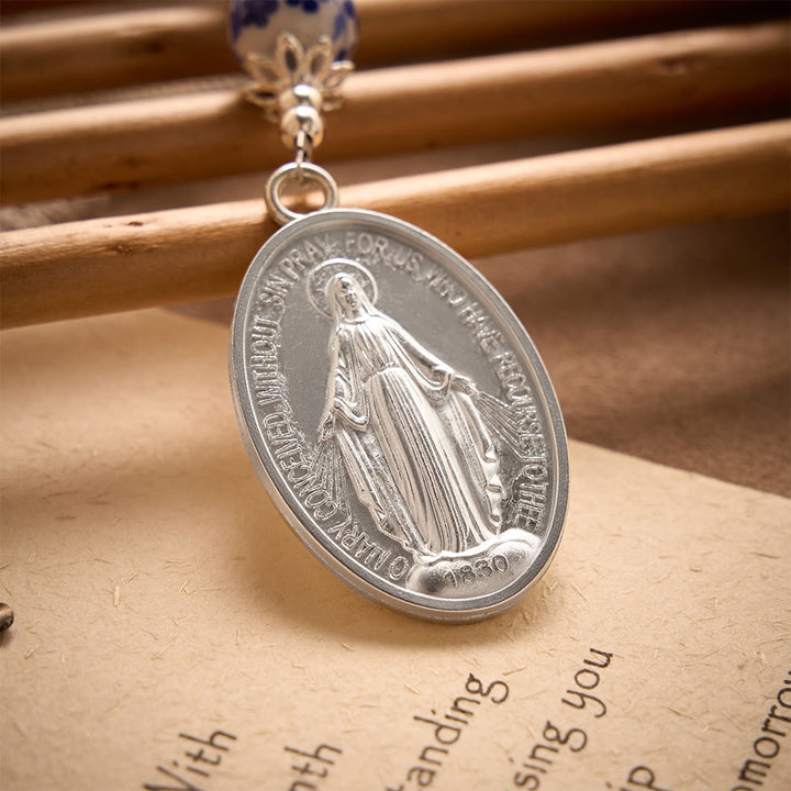 SolaceBeads Blue &amp; White Floral Ceramic Pocket Rosary With Cross &amp; Miraculous Medal: Timeless Devotion - image 4