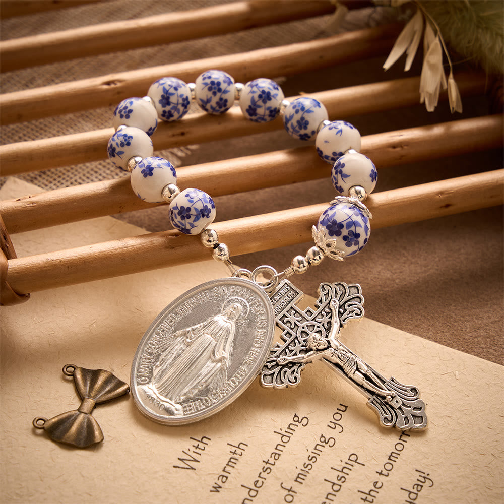 SolaceBeads Blue &amp; White Floral Ceramic Pocket Rosary With Cross &amp; Miraculous Medal: Timeless Devotion - image 2