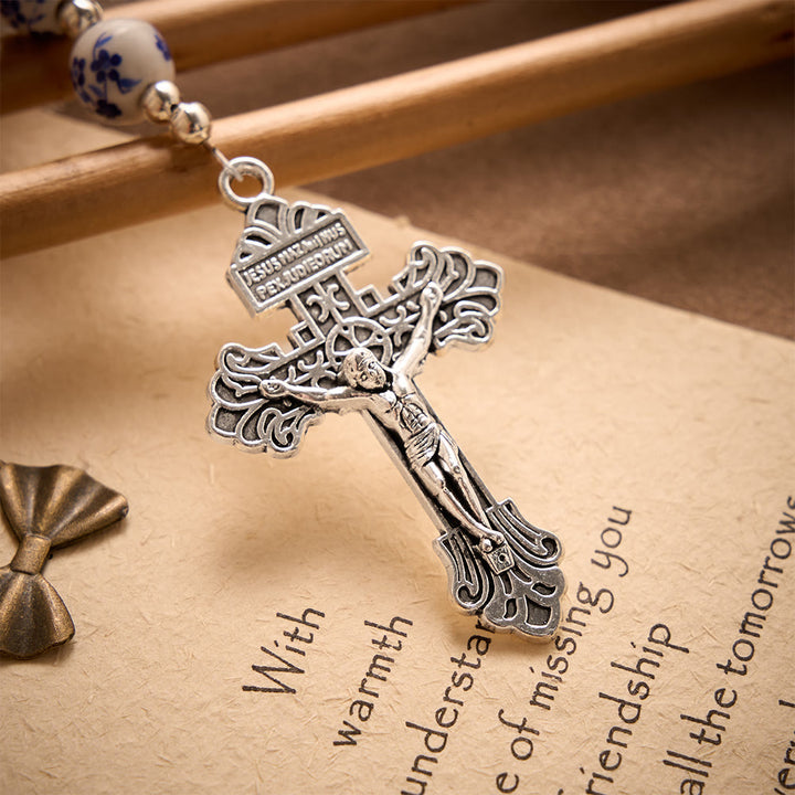 SolaceBeads Blue &amp; White Floral Ceramic Pocket Rosary With Cross &amp; Miraculous Medal: Timeless Devotion - image 5