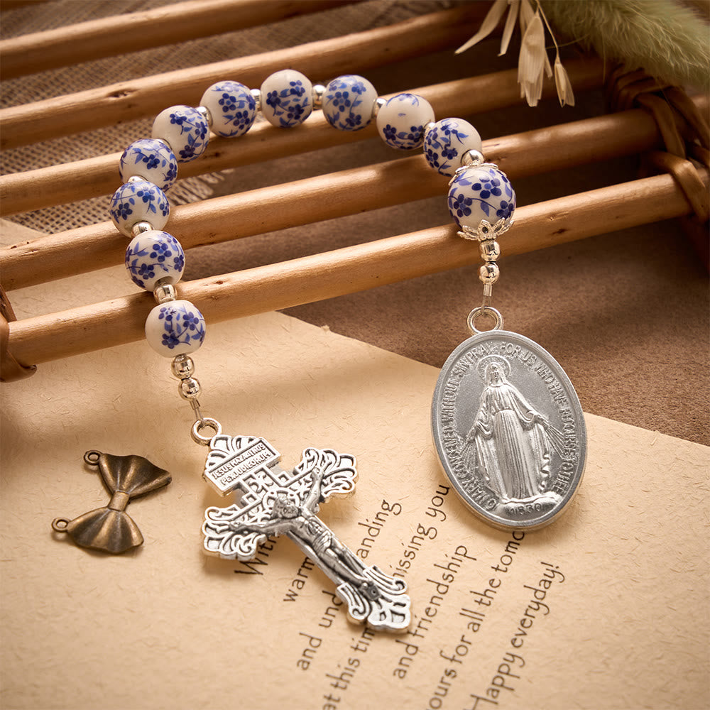 SolaceBeads Blue & White Floral Ceramic Pocket Rosary With Cross & Miraculous Medal: Timeless Devotion - Blue & White Floral - image 0