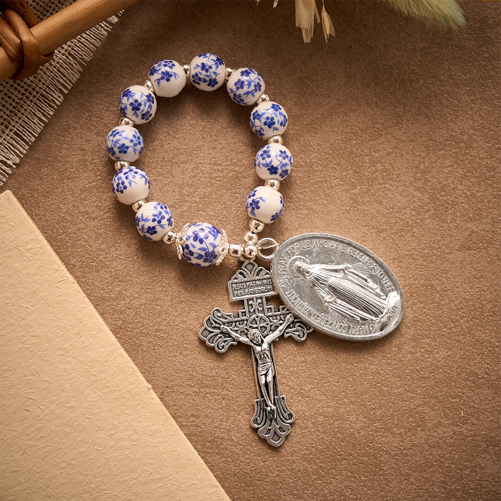 SolaceBeads Blue &amp; White Floral Ceramic Pocket Rosary With Cross &amp; Miraculous Medal: Timeless Devotion - image 7