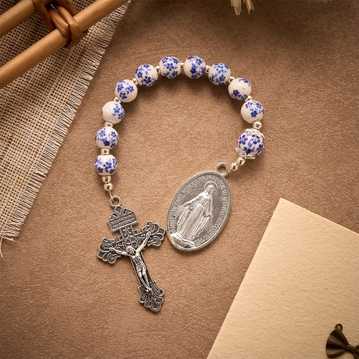 SolaceBeads Blue &amp; White Floral Ceramic Pocket Rosary With Cross &amp; Miraculous Medal: Timeless Devotion - image 6