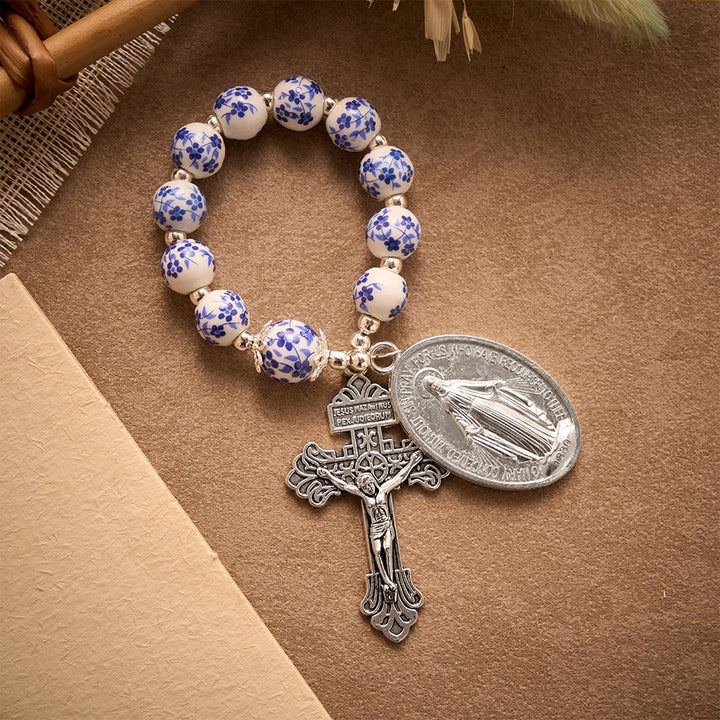 SolaceBeads Blue &amp; White Floral Ceramic Pocket Rosary With Cross &amp; Miraculous Medal: Timeless Devotion - image 7