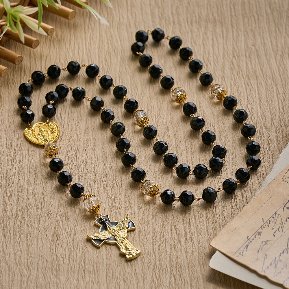 SolaceBeads Faceted Black &amp; Clear Crystal Devotion Rosary: Rooted in Light with Archangel crucifix - image 7