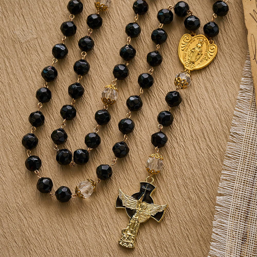 SolaceBeads Faceted Black &amp; Clear Crystal Devotion Rosary: Rooted in Light with Archangel crucifix - image 5