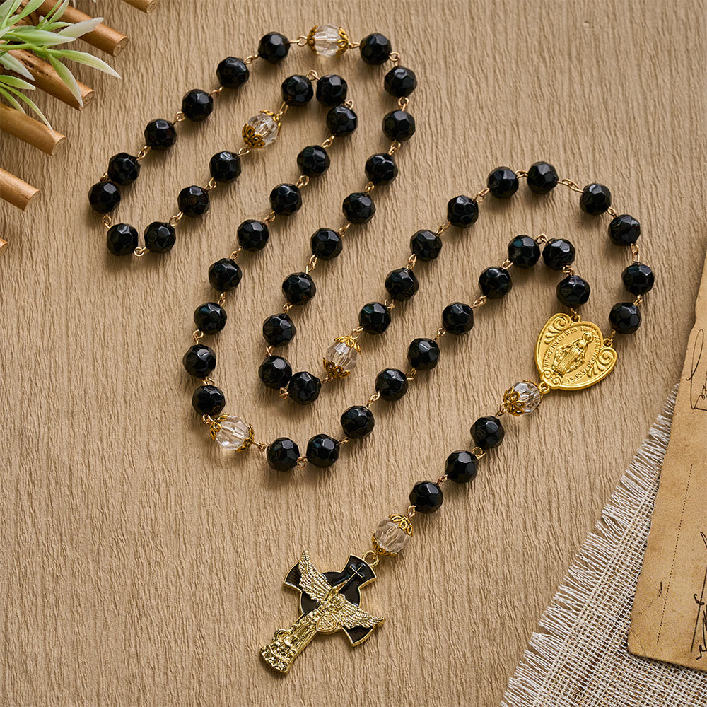SolaceBeads Faceted Black & Clear Crystal Devotion Rosary: Rooted in Light with Archangel crucifix - Black & Clear - image 0