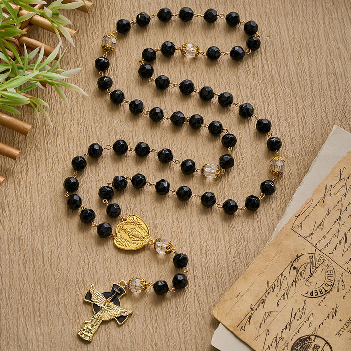 SolaceBeads Faceted Black &amp; Clear Crystal Devotion Rosary: Rooted in Light with Archangel crucifix - image 8