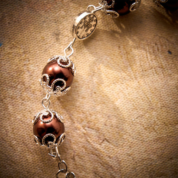 SolaceBeads Handcrafted Car Rosary, White &amp; Reddish Brown Pearl Beads with Medal &amp; Cross: Serene Vibe - image 11