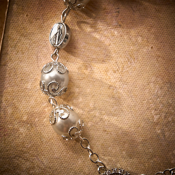 SolaceBeads Handcrafted Car Rosary, White &amp; Reddish Brown Pearl Beads with Medal &amp; Cross: Serene Vibe - image 4