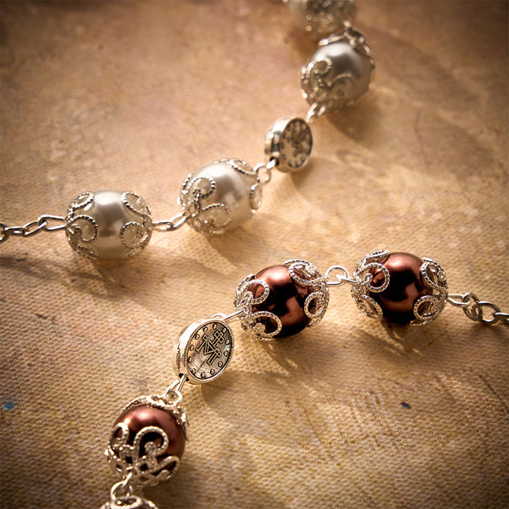 SolaceBeads Handcrafted Car Rosary, White &amp; Reddish Brown Pearl Beads with Medal &amp; Cross: Serene Vibe - image 14