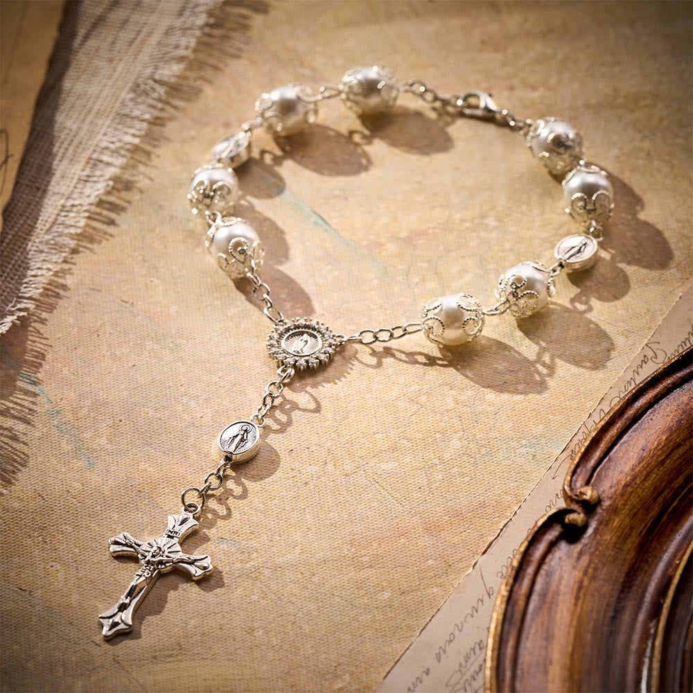SolaceBeads Handcrafted Car Rosary, White &amp; Reddish Brown Pearl Beads with Medal &amp; Cross: Serene Vibe - White - image 1