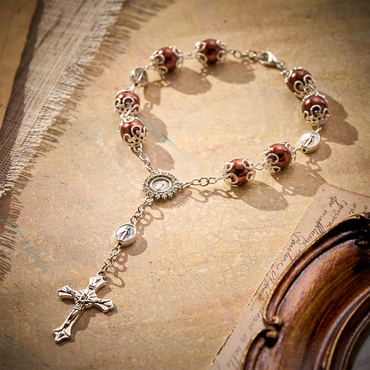 SolaceBeads Handcrafted Car Rosary, White &amp; Reddish Brown Pearl Beads with Medal &amp; Cross: Serene Vibe - Reddish Brown - image 7