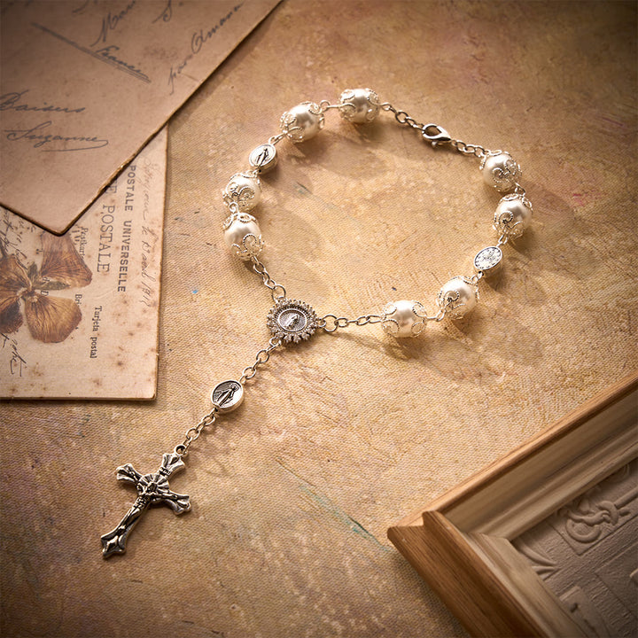 SolaceBeads Handcrafted Car Rosary, White &amp; Reddish Brown Pearl Beads with Medal &amp; Cross: Serene Vibe - image 3