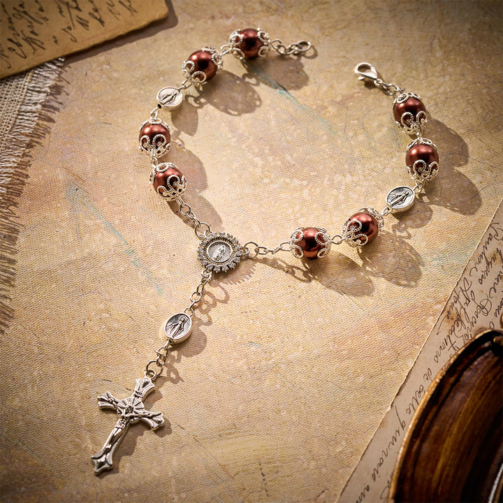 SolaceBeads Handcrafted Car Rosary, White &amp; Reddish Brown Pearl Beads with Medal &amp; Cross: Serene Vibe - image 8