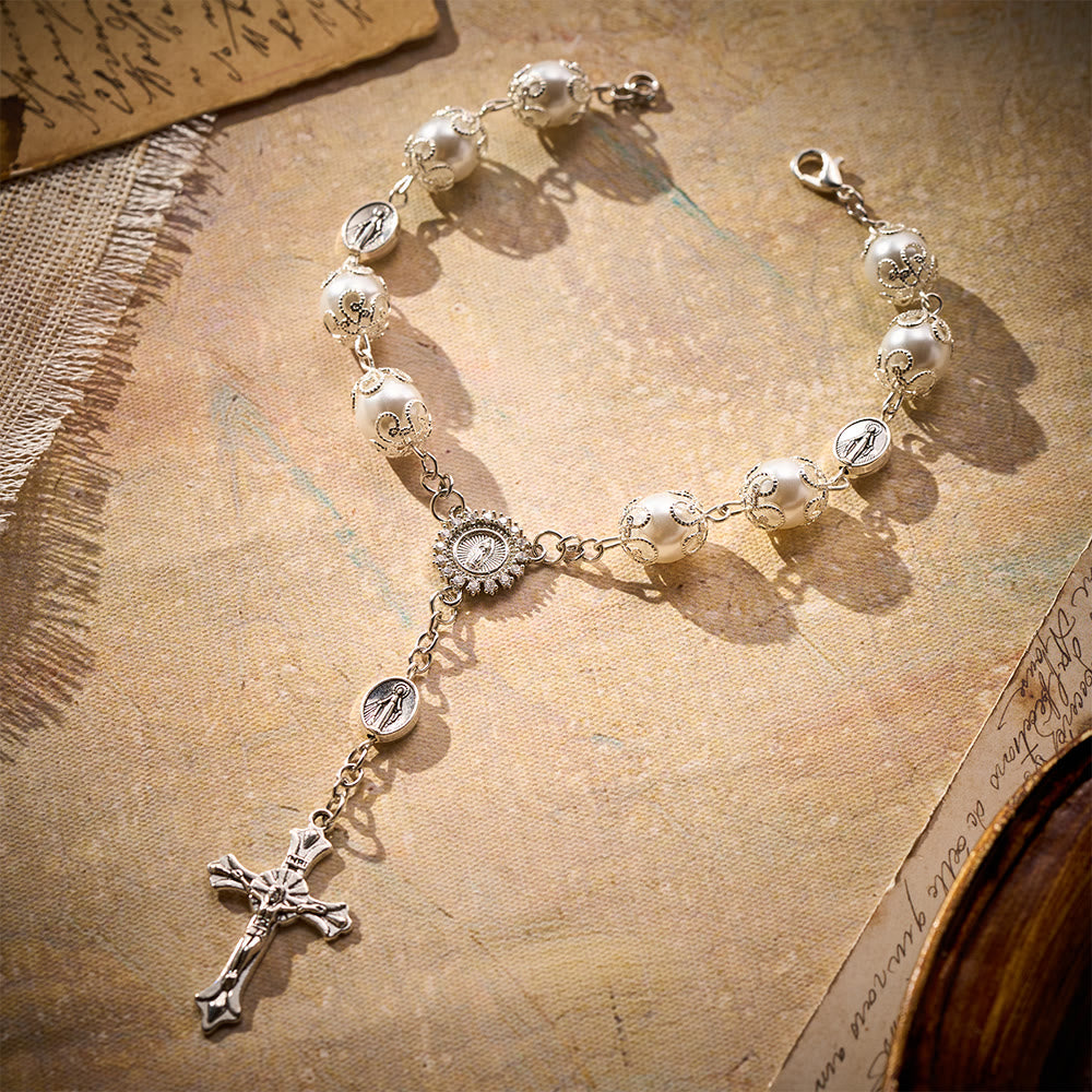 SolaceBeads Handcrafted Car Rosary, White &amp; Reddish Brown Pearl Beads with Medal &amp; Cross: Serene Vibe - image 2