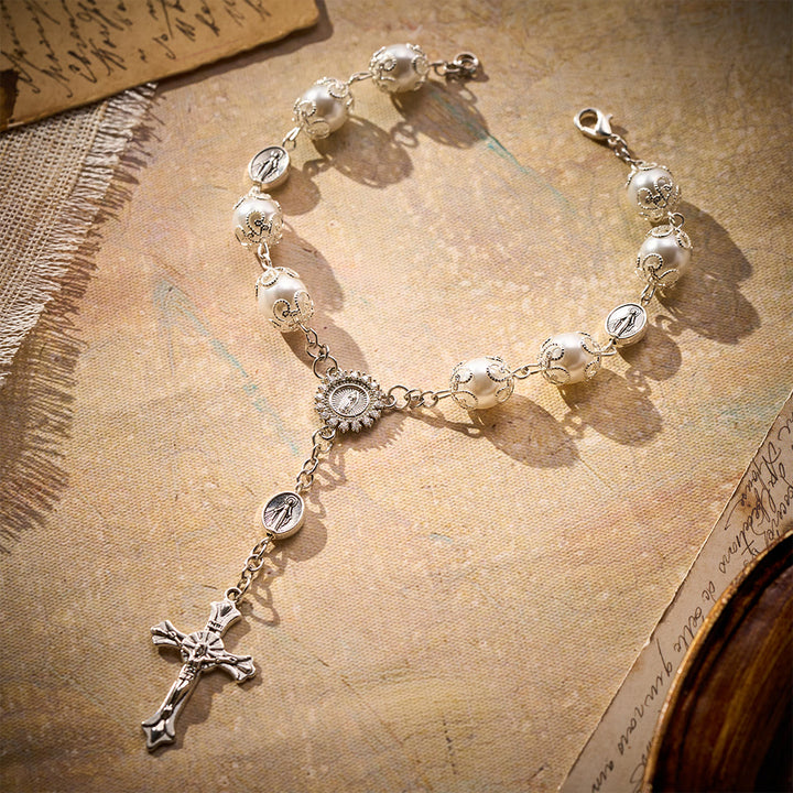 SolaceBeads Handcrafted Car Rosary, White &amp; Reddish Brown Pearl Beads with Medal &amp; Cross: Serene Vibe - image 2