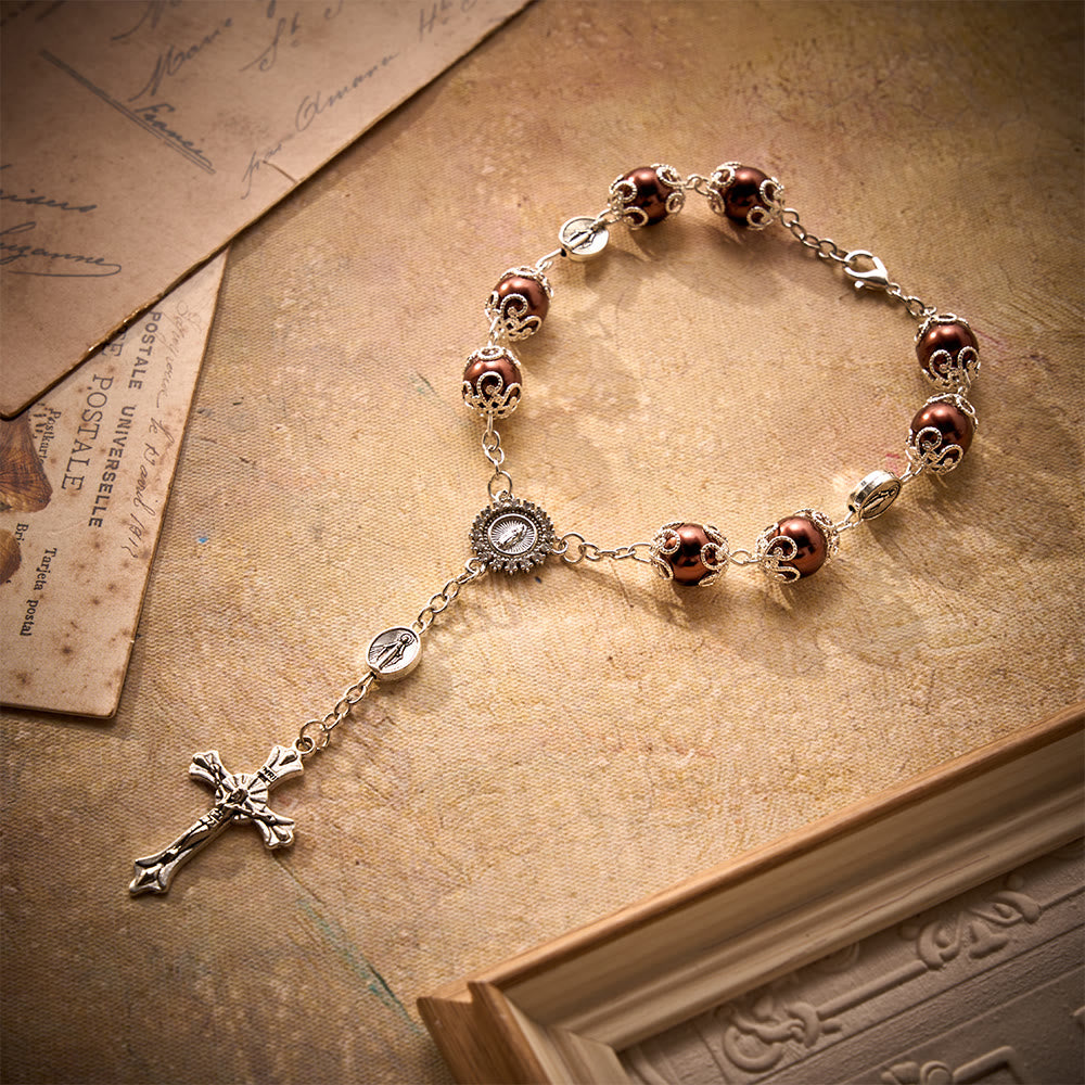 SolaceBeads Handcrafted Car Rosary, White &amp; Reddish Brown Pearl Beads with Medal &amp; Cross: Serene Vibe - image 9
