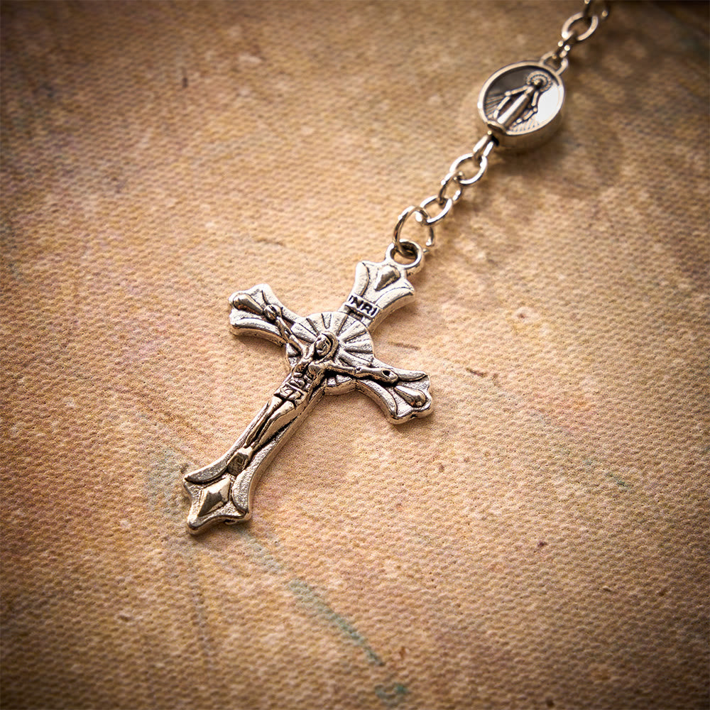 SolaceBeads Handcrafted Car Rosary, White &amp; Reddish Brown Pearl Beads with Medal &amp; Cross: Serene Vibe - image 5